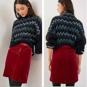 ANTHROPOLOGIE 2 Velvet Montie Connie Mini‎ Skirt Ruched Raspberry Red Fitted NWT